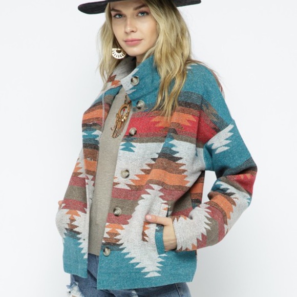New Tribal Aztec Print Flannel Shacket Coat Jacket - Picture 10 of 11